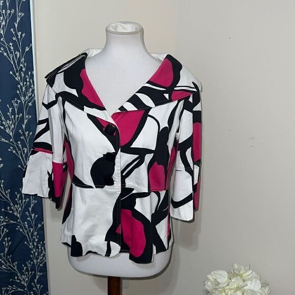 Clara Sun Woo Jackets & Blazers - Clara Sun Woo Abstract Geometric Swing Jacket Ruffle Cuff Pink Black White sz S